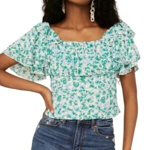 Molly Bracken Blue Green Ruffle Sleeve Top Medium